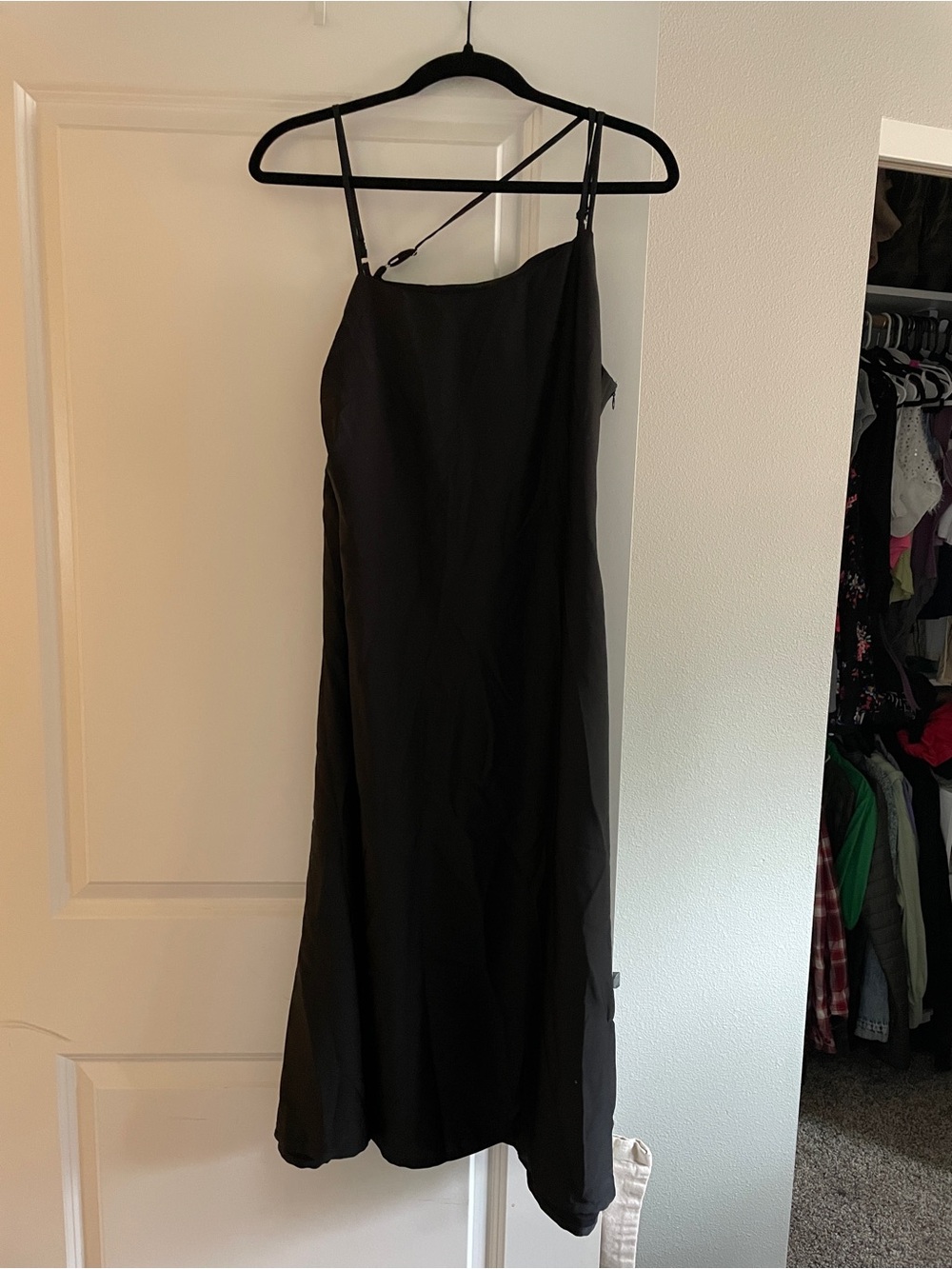 Cider Black Asymmetrical Slip Dress with Cross Strap